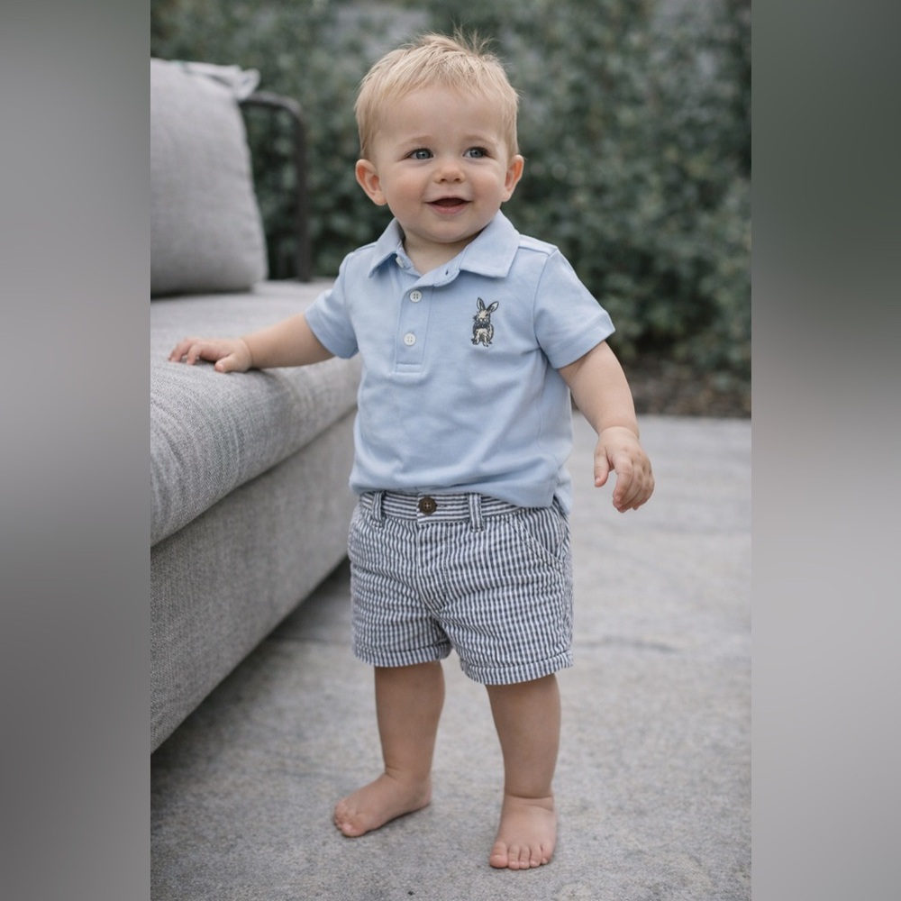 Janie and Jack Light Blue Polo Shirt and Striped Shorts Set